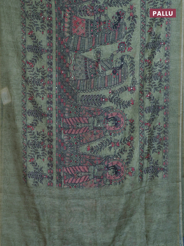Semi linen saree pastel green with allover madhubani prints & mirror work