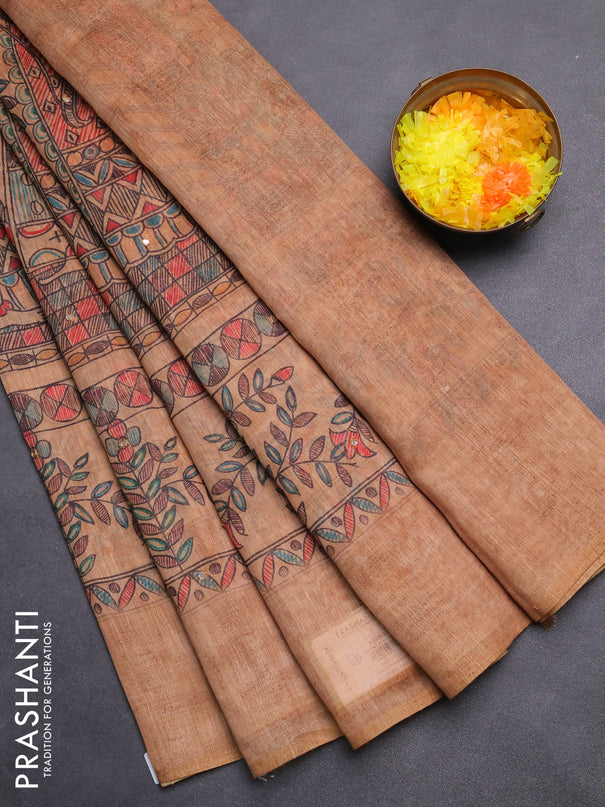 Semi linen saree sandal with allover madhubani prints & mirror work