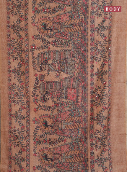 Semi linen saree sandal with allover madhubani prints & mirror work