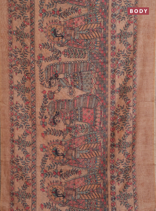 Semi linen saree sandal with allover madhubani prints & mirror work