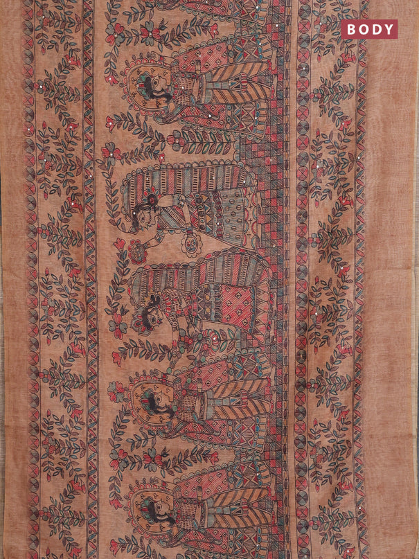 Semi linen saree sandal with allover madhubani prints & mirror work