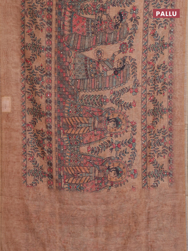 Semi linen saree sandal with allover madhubani prints & mirror work