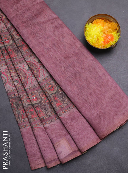 Semi linen saree mauve pink with allover madhubani prints & mirror work
