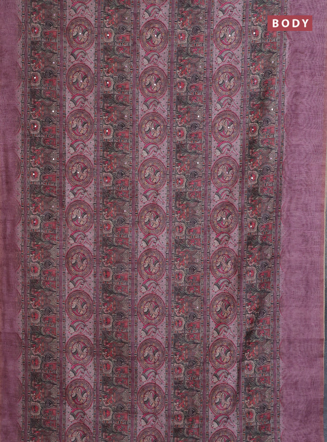 Semi linen saree mauve pink with allover madhubani prints & mirror work
