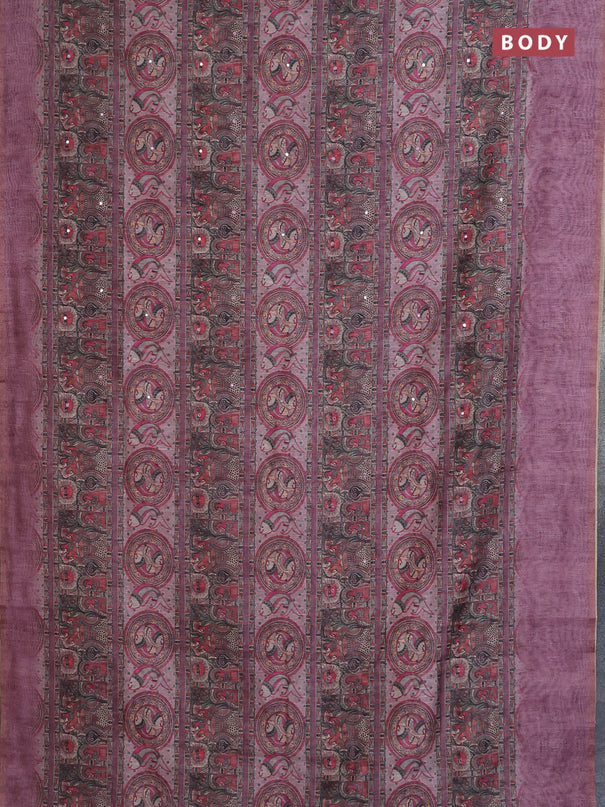 Semi linen saree mauve pink with allover madhubani prints & mirror work