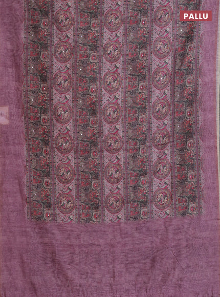 Semi linen saree mauve pink with allover madhubani prints & mirror work