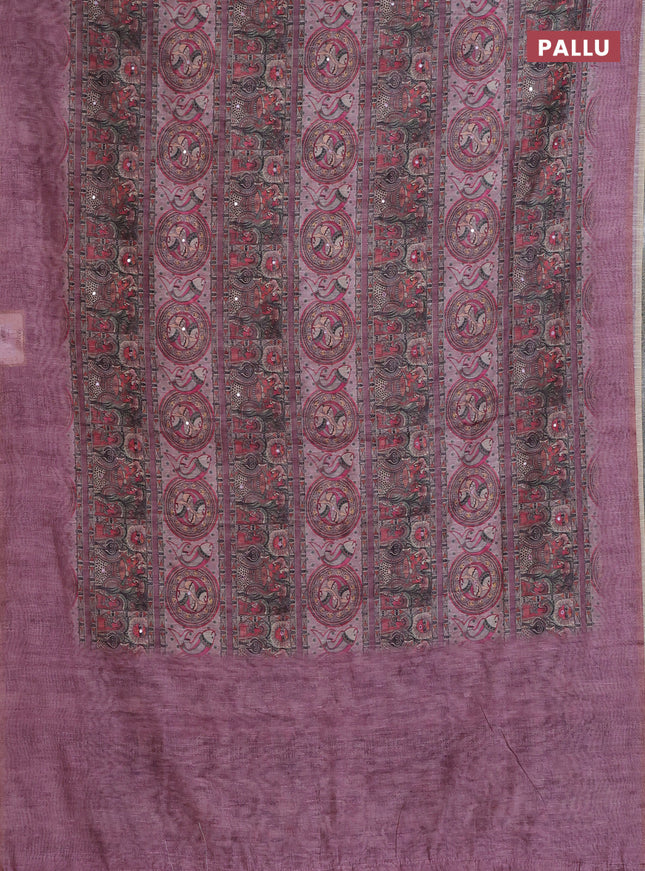 Semi linen saree mauve pink with allover madhubani prints & mirror work