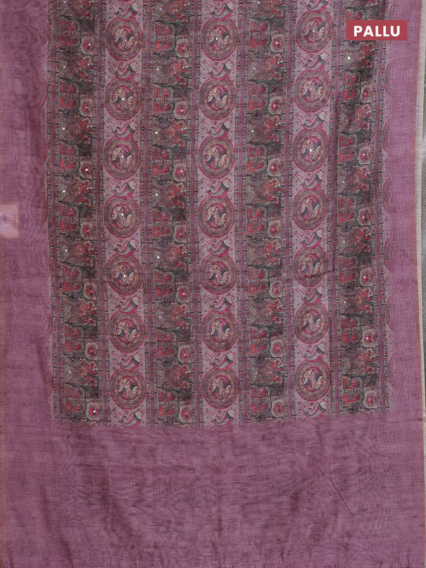 Semi linen saree mauve pink with allover madhubani prints & mirror work