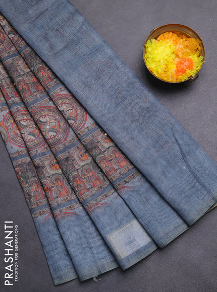 Semi linen saree bluish grey with allover madhubani prints & mirror work