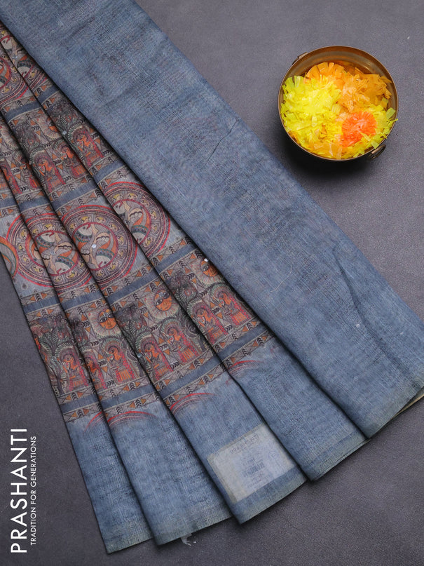 Semi linen saree bluish grey with allover madhubani prints & mirror work