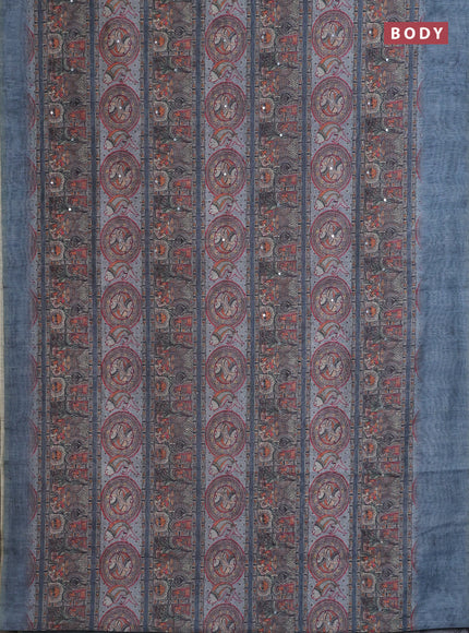 Semi linen saree bluish grey with allover madhubani prints & mirror work