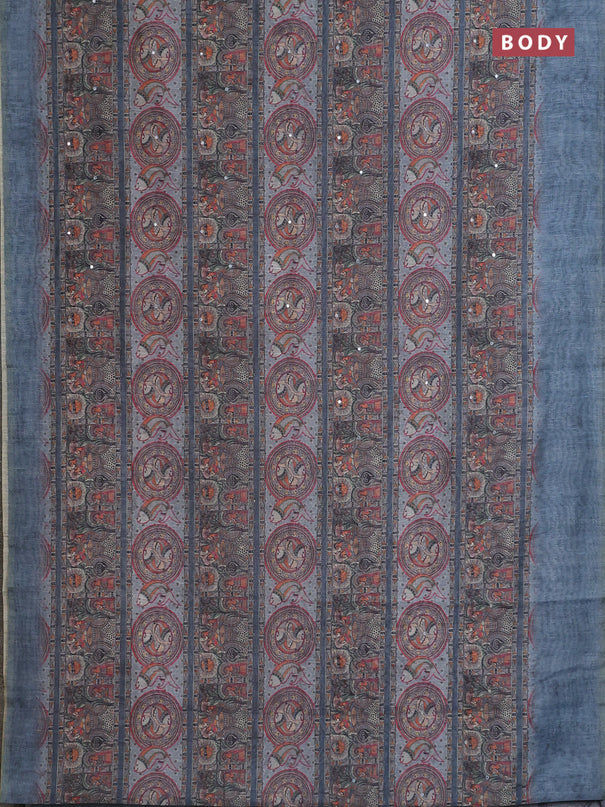 Semi linen saree bluish grey with allover madhubani prints & mirror work