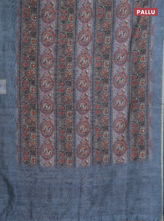 Semi linen saree bluish grey with allover madhubani prints & mirror work