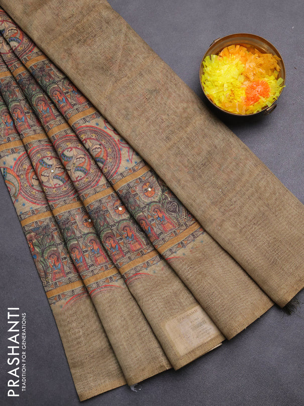 Semi linen saree elaichi green with allover madhubani prints & mirror work