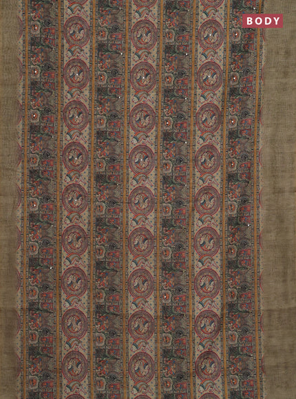 Semi linen saree elaichi green with allover madhubani prints & mirror work