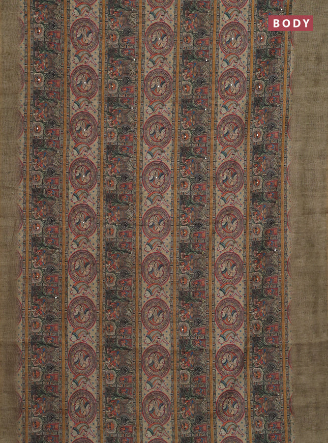 Semi linen saree elaichi green with allover madhubani prints & mirror work