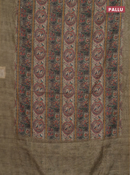 Semi linen saree elaichi green with allover madhubani prints & mirror work