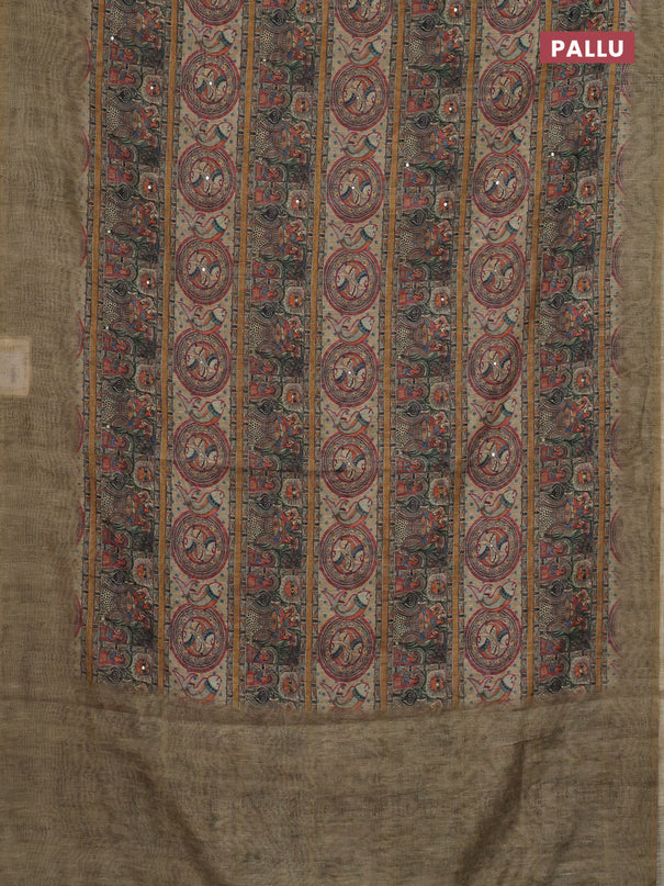 Semi linen saree elaichi green with allover madhubani prints & mirror work