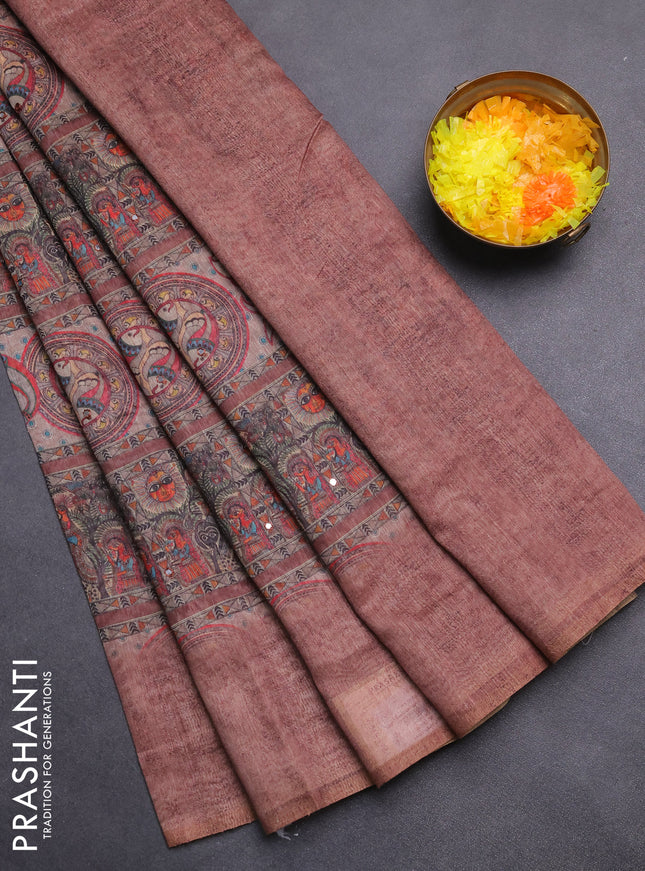 Semi linen saree brown with allover madhubani prints & mirror work