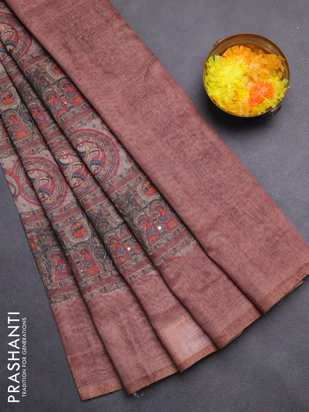 Semi linen saree brown with allover madhubani prints & mirror work