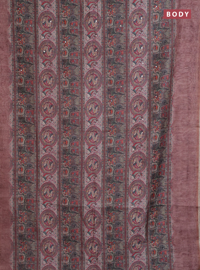 Semi linen saree brown with allover madhubani prints & mirror work