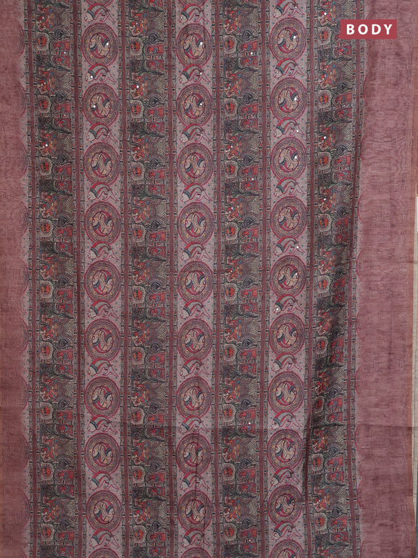 Semi linen saree brown with allover madhubani prints & mirror work