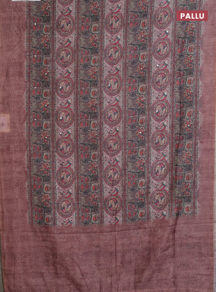 Semi linen saree brown with allover madhubani prints & mirror work