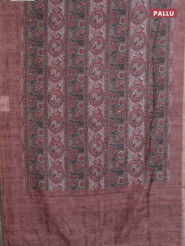Semi linen saree brown with allover madhubani prints & mirror work