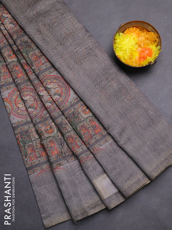 Semi linen saree grey with allover madhubani prints & mirror work