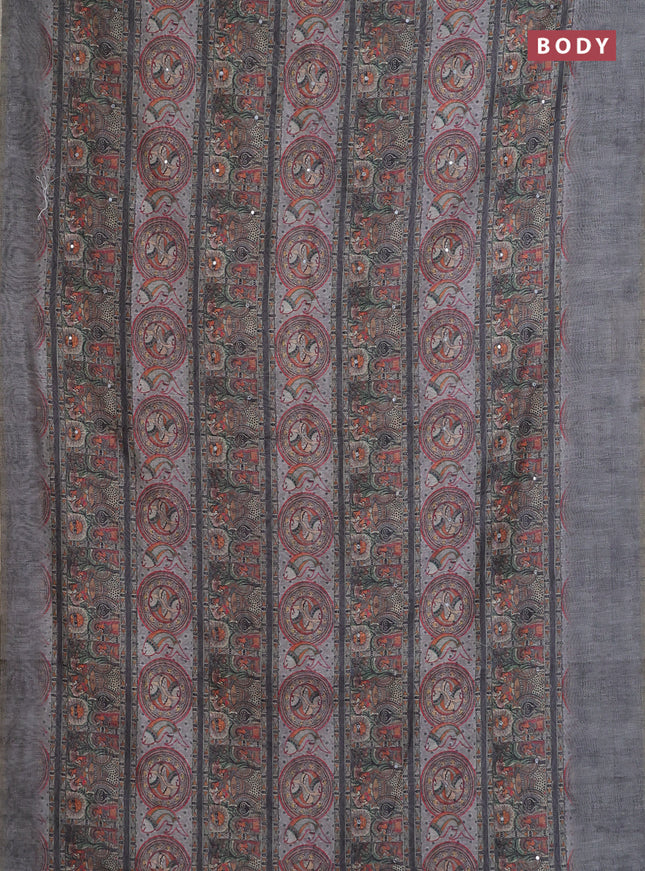Semi linen saree grey with allover madhubani prints & mirror work