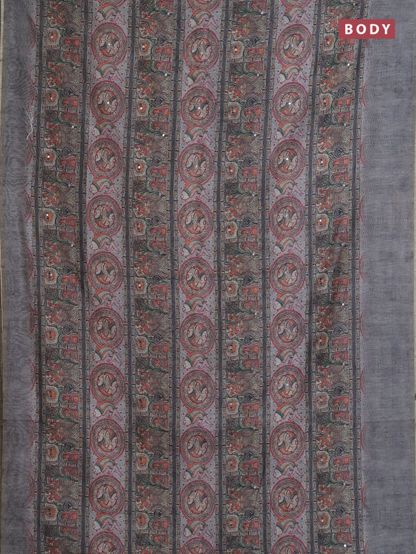 Semi linen saree grey with allover madhubani prints & mirror work