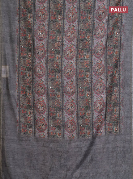 Semi linen saree grey with allover madhubani prints & mirror work