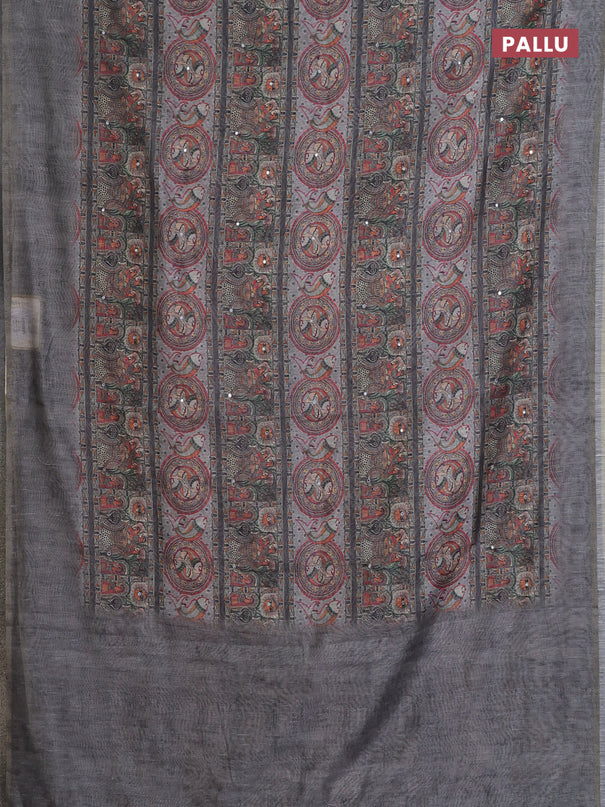 Semi linen saree grey with allover madhubani prints & mirror work