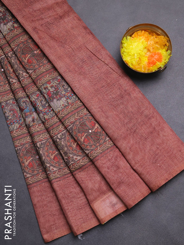 Semi linen saree brown with allover madhubani prints & mirror work