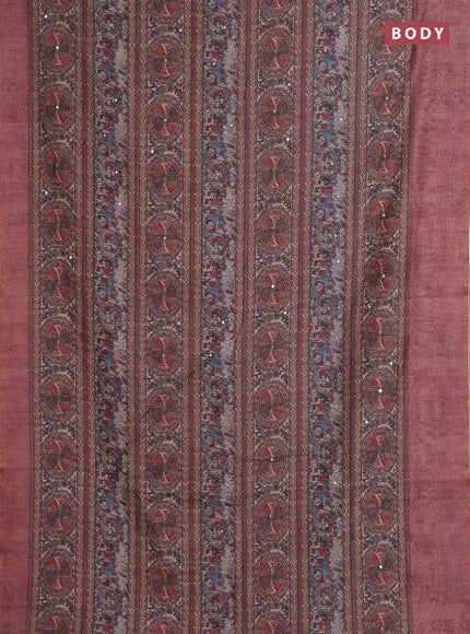 Semi linen saree brown with allover madhubani prints & mirror work