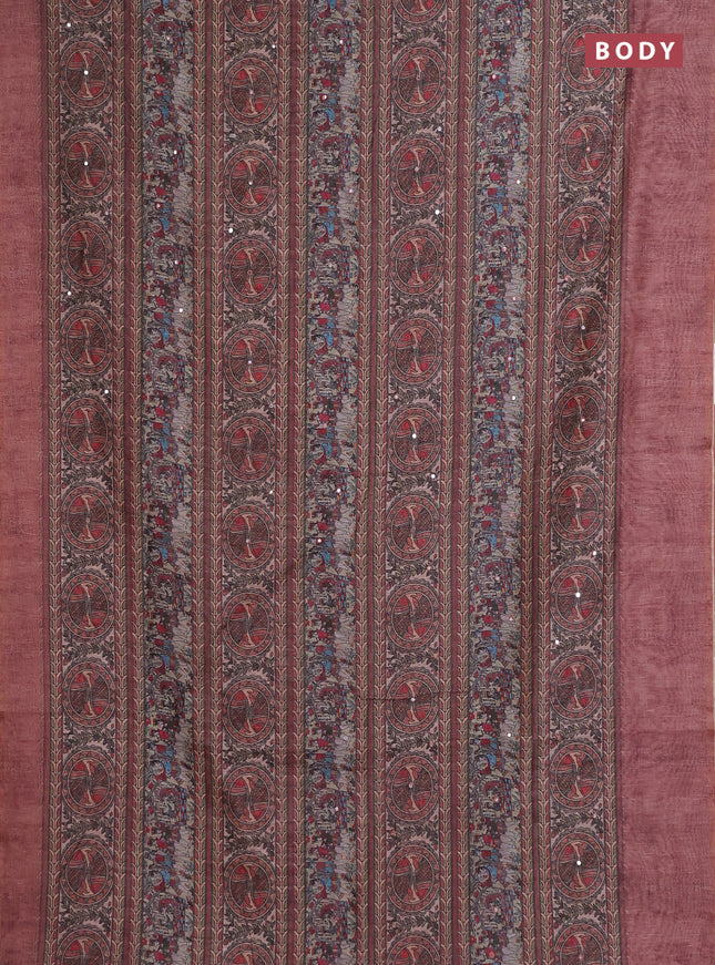 Semi linen saree brown with allover madhubani prints & mirror work