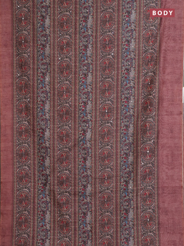 Semi linen saree brown with allover madhubani prints & mirror work