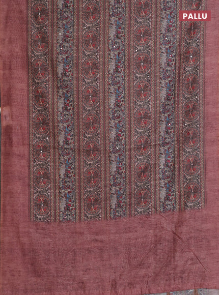 Semi linen saree brown with allover madhubani prints & mirror work
