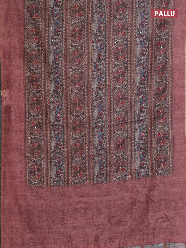 Semi linen saree brown with allover madhubani prints & mirror work