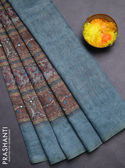 Semi linen saree teal blue with allover madhubani prints & mirror work
