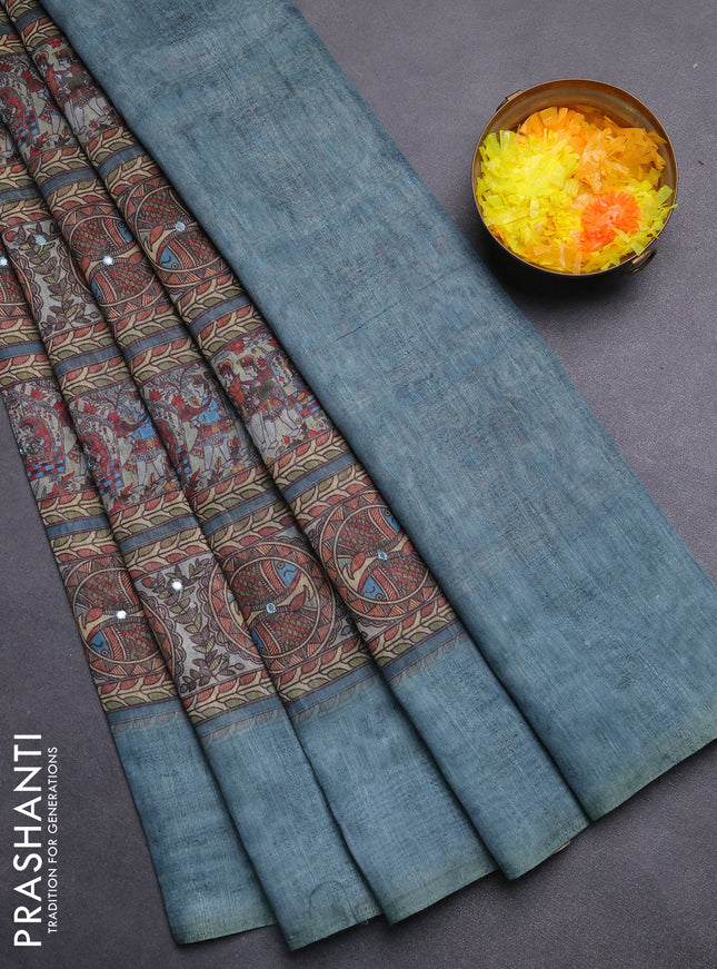 Semi linen saree teal blue with allover madhubani prints & mirror work
