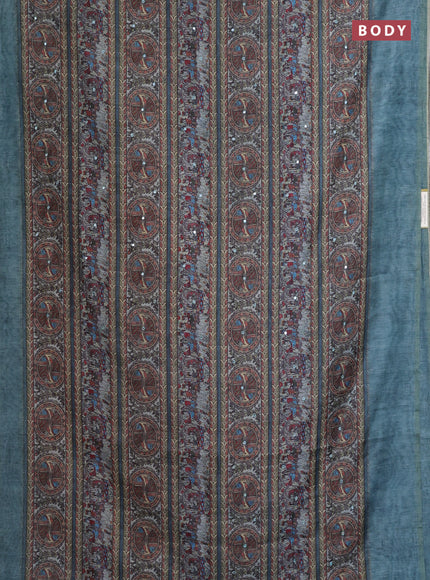 Semi linen saree teal blue with allover madhubani prints & mirror work