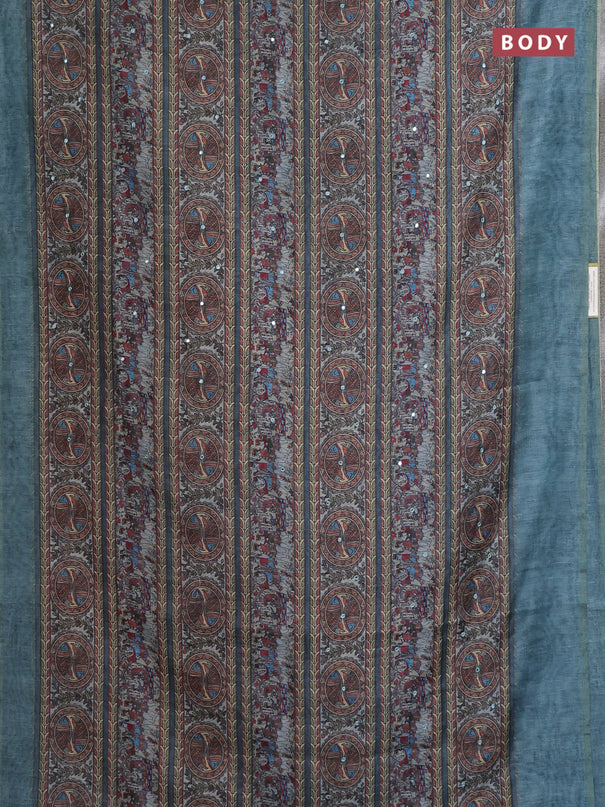 Semi linen saree teal blue with allover madhubani prints & mirror work