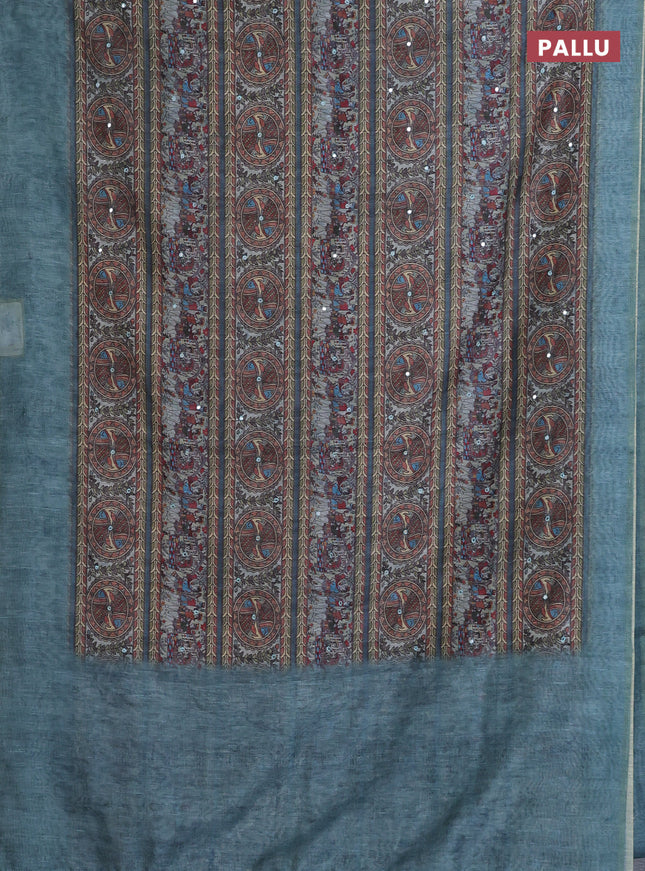 Semi linen saree teal blue with allover madhubani prints & mirror work