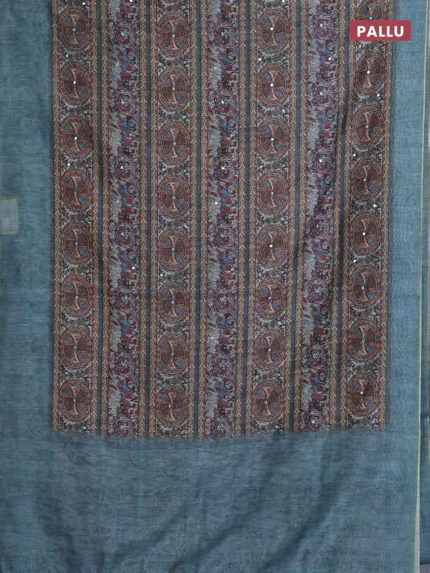 Semi linen saree teal blue with allover madhubani prints & mirror work