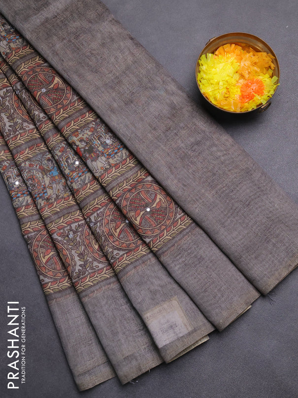 Semi linen saree grey with allover madhubani prints & mirror work