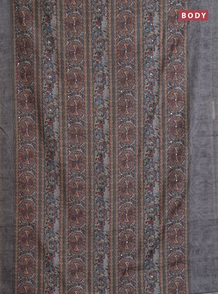 Semi linen saree grey with allover madhubani prints & mirror work