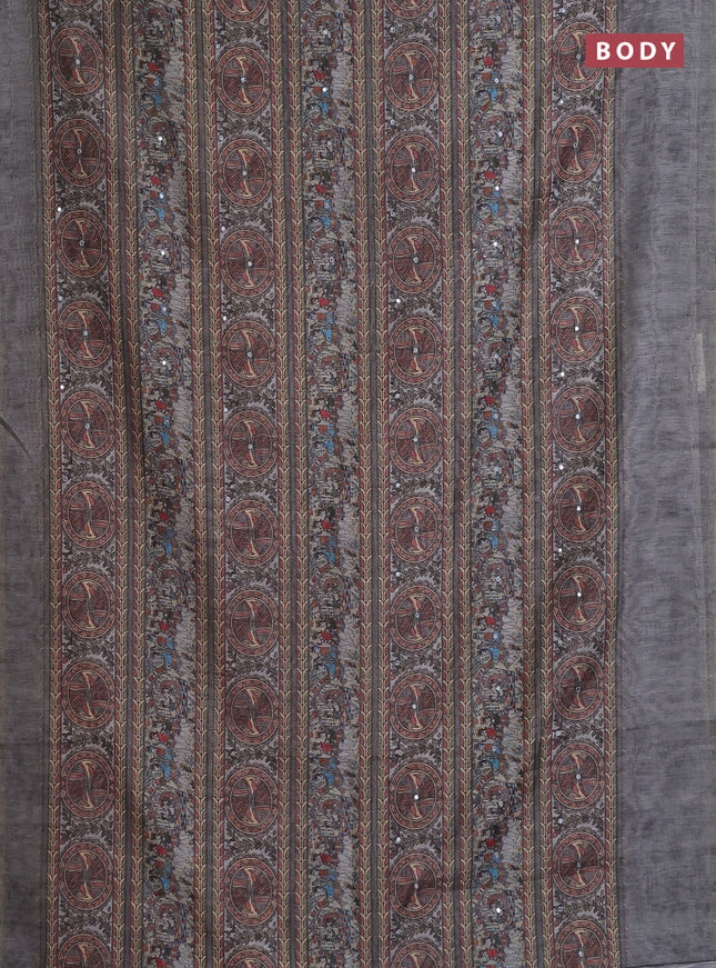 Semi linen saree grey with allover madhubani prints & mirror work