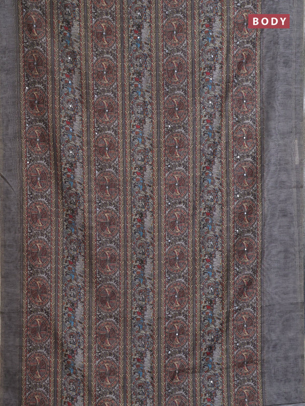 Semi linen saree grey with allover madhubani prints & mirror work