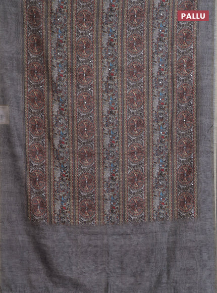 Semi linen saree grey with allover madhubani prints & mirror work